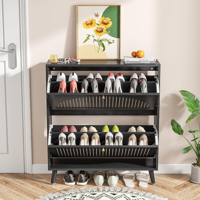 Fsbecl Shoe Storage Cabinet for Entryway with 2 Flip Drawers, Narrow Wood Shoe Cabinet with Fluted Panel, Freestanding Hidden Shoe Organizer for Hallway