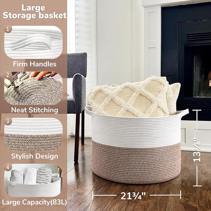 Goodpick Large Woven Blanket Basket Living Room & Playroom, 85L | 21.7 x 21.7 x 13.8 In Woven Basket for Storage, Kids Toy Storage for Playroom, Laundry Basket for Towels, Mele