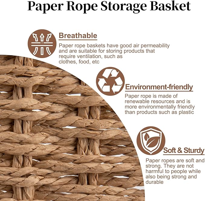 OIAHOMY Scalloped Wicker Baskets, Hand-woven Storage Baskets with Built-in Handles, Paper Rope Shelf Baskets for Organizing and Decoration, Set of 3-Yellow
