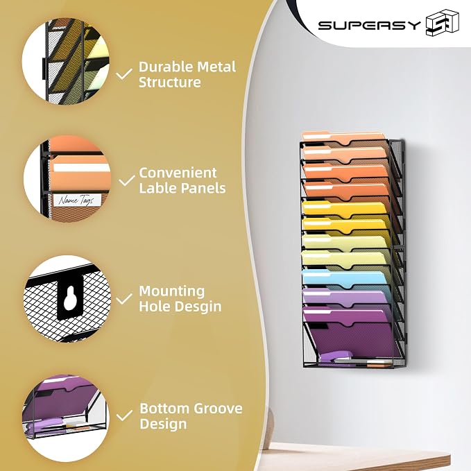 SUPEASY 12-Tier Wall File Organizer, Mesh Hanging Wall Mount File Holder | Paper, Folder, Magazine Rack Great for Office Home School, Assembly Needed, Black