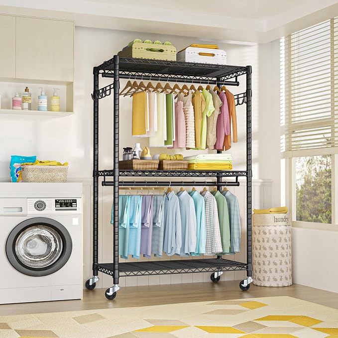 FUTASSI P1 Plus Rolling Clothes Rack, Heavy Duty Portable Closet Wardrobe | Freestanding Garment Clothing Rack with Wheels and Double Rods, 45"W x 17.7"D x 80.5"H, Max Load 524lbs, Black