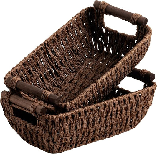 StorageWorks Handwoven Small Wicker Baskets, Round Paper Rope Storage Baskets with Wooden Handles, Dark Brown, 2-Pack