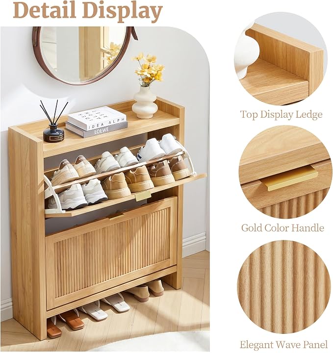 Fluted Shoe Storage Cabinet with 2 Flip Door for Entryway | Farmhouse, Natural color, Adjustable shelves, Tabletop guardrail, Freestanding shoe storage cabinet, for Entryway/hallway