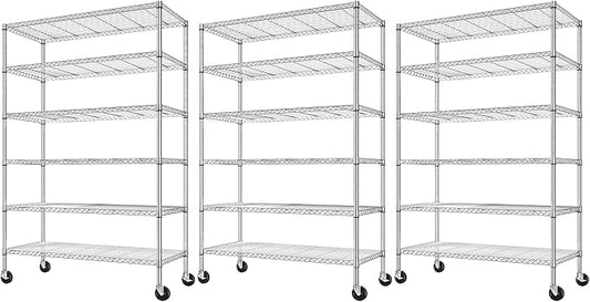 Romorgniz 82" H X45 W X18 D Storage Shelves with Wheels, 6 Tier Wire Shelving Adjustable Metal Shelving Pantry Shelves Capacity 1200LBS for Garage Shelving, Pantry, Kitchen, Commercial, Chrome,3P