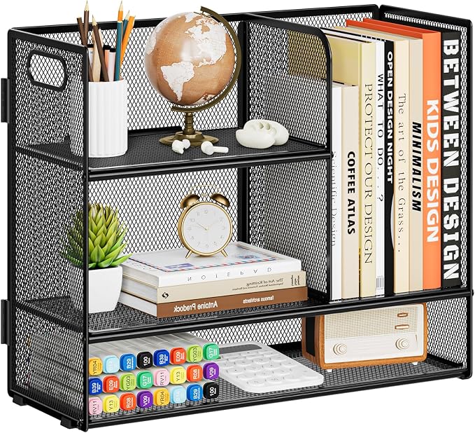 Marbrasse Desk Shelf Organizer with Handle, Bookshelf File Holder, Black | 3-Tier Desktop Mesh Display Shelf Organizer Storage Rack for Office, Home, Supplies, Kitchen