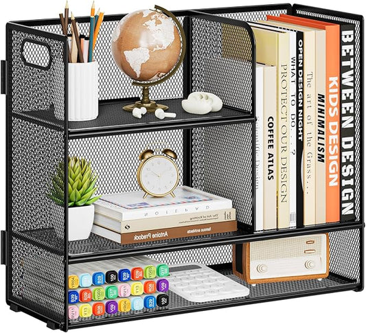 Marbrasse Desk Shelf Organizer with Handle, Bookshelf File Holder, Black | 3-Tier Desktop Mesh Display Shelf Organizer Storage Rack for Office, Home, Supplies, Kitchen