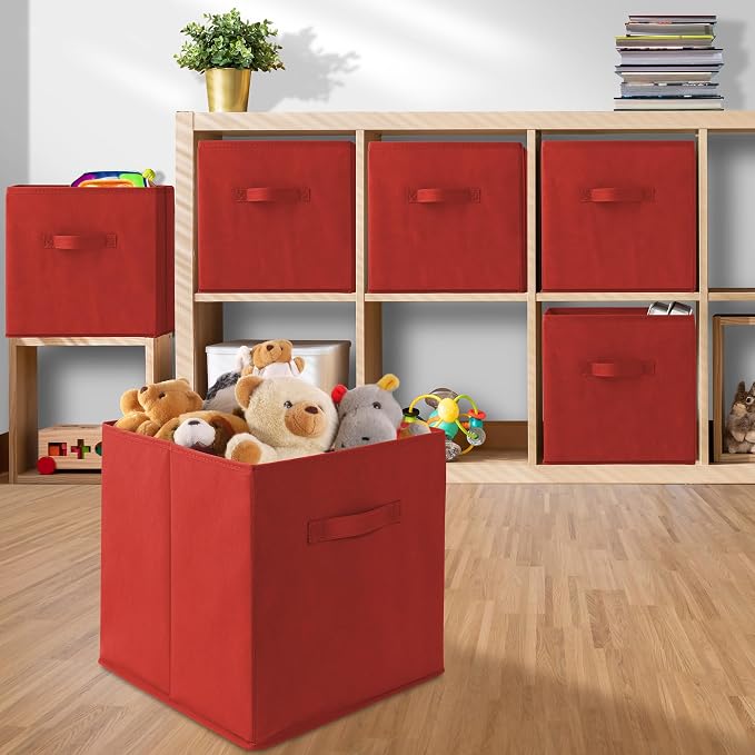 Casafield Set of 6 Collapsible Fabric Cube Storage Bins, Red - 13" Foldable Cloth Baskets for Shelves, Cubby Organizers & More