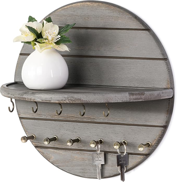 Rebee Vision Pine Wood Key Holder Wall Mount for Rustic Wall Decor, OldGray | Round Corner, Key Holder with Floating Shelf, Dual Hooks, Farmhouse Entryway Decor & Home Organizer, Home Finds