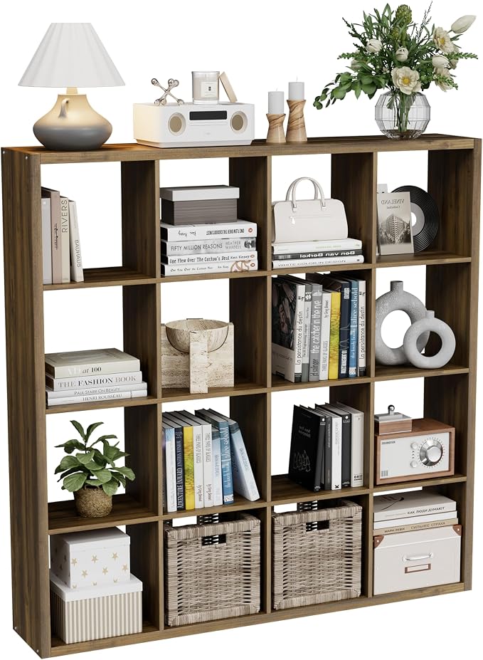 VDNEND Cube Storage Organizer Bookcase, Decorative 11 inch Open Back Cubical Shelf with Thickened Border, Display Bookshelf for Living Room, Home Office, Sturdy Room (Brown, 16 Cube)