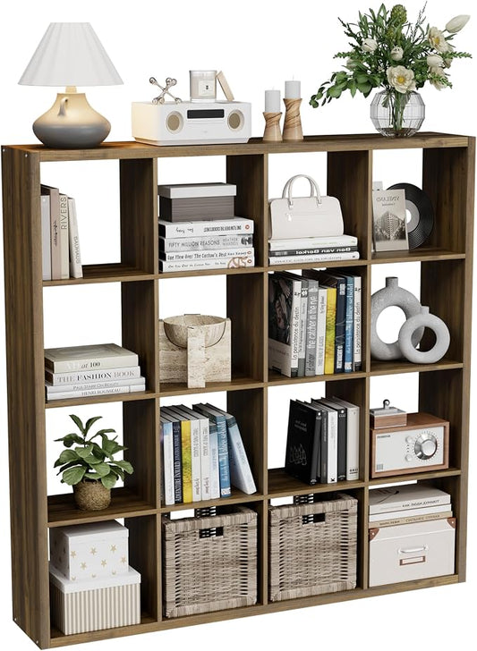 VDNEND Cube Storage Organizer Bookcase, Decorative 11 inch Open Back Cubical Shelf with Thickened Border, Display Bookshelf for Living Room, Home Office, Sturdy Room (Brown, 16 Cube)