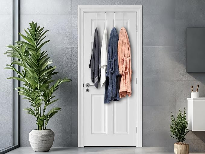 Single Long Over Door Steel Hooks 4 Pack Fit 1-3/8" Door 12" White | Plastic Coated Rubber Feel Towel Rack Robe Coat Shoe Wreath Hanger No Damage No Scratch for Bathroom Heavy Duty Thin Top