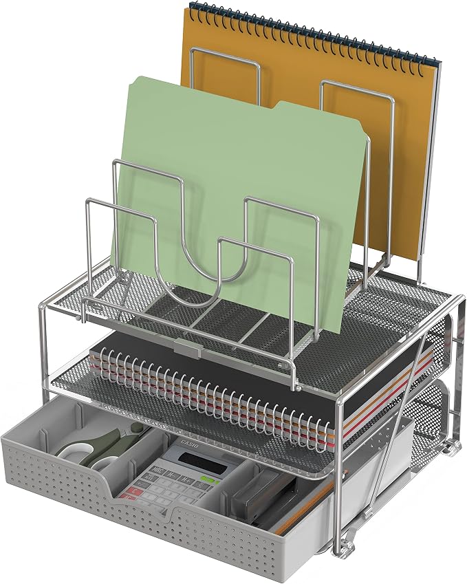 Deco Brothers Desktop File Organizer with Double Tray & 5 Folder Stand Gray | Sliding Drawer with Adjustable Dividers