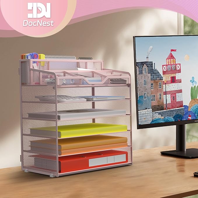 Docnest 6 Tier Mesh Desk Organizer with Letter Tray & Paper Sorter, Pink | Features 3 built-in pen holders & 5 adjustable compartments on top. Includes 4 non-slip rubber feet for desk protection