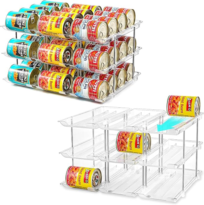 Can Organizer for Pantry, Stacking Can Storage Organizer Hold 36 Cans | Automatic Rolling Can Rack for Fridge, 3Tire 3 Columns Can Holder, Canned Goods Organizer