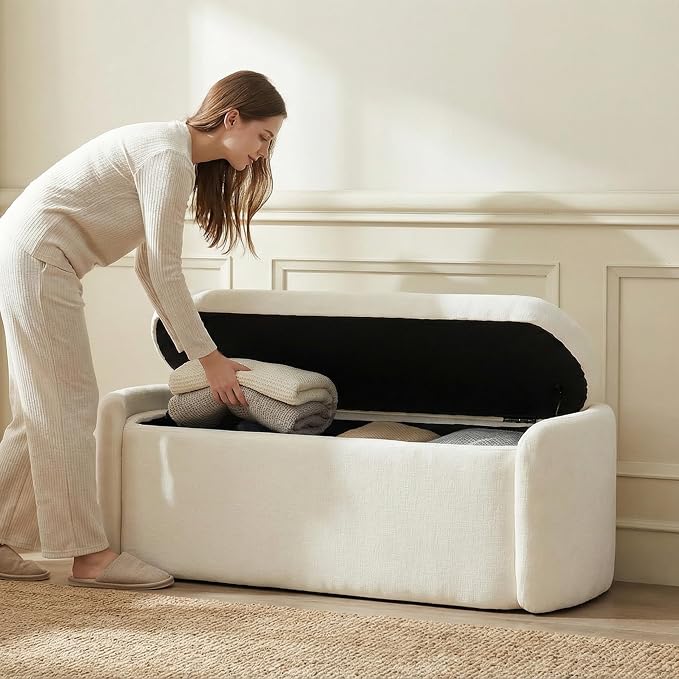 VKNOW Storage Bench, Upholstered Storage Ottoman Bench with Hinge, Cream | Ottoman Bench with Large Capacity, Curved Frame, Soft Fabric, Storage Bench for Bedroom, Living Room, Entryway, Window
