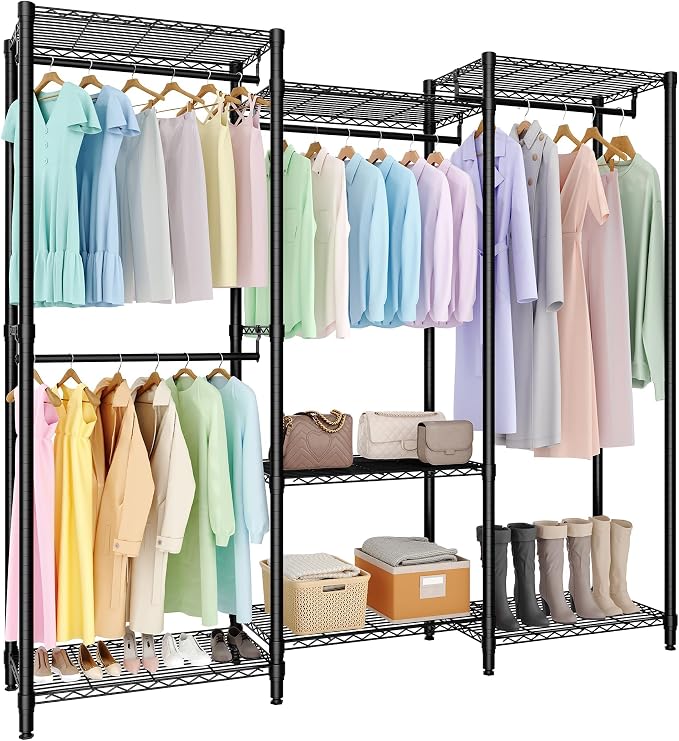 Heavy Duty Garment Rack Stable Clothes Rack for Hanging Clothes Wardrobe Closet with Adjustable Shelves & 4 Hanging Rods 76.5" H x 67" L x 15" W