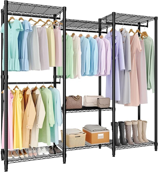 Heavy Duty Garment Rack Stable Clothes Rack for Hanging Clothes Wardrobe Closet with Adjustable Shelves & 4 Hanging Rods 76.5" H x 67" L x 15" W