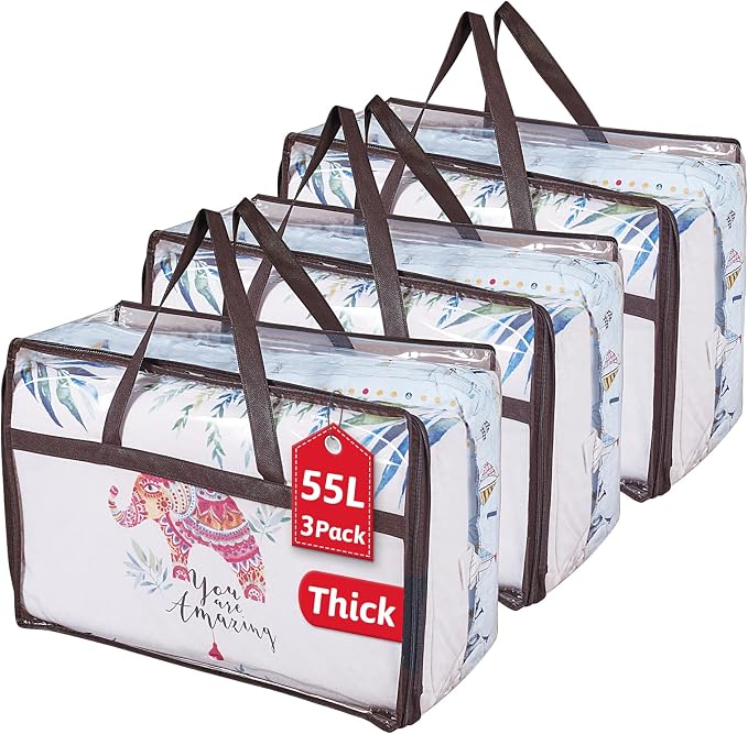 Clear Storage Bags 55L, Heavy Duty PVC Vinyl Organizer with Black Trim & Reinforced Handles, Waterproof Moistureproof Blanket Bag for Clothes, Comforter, Bedding, Moving, 3 Pack