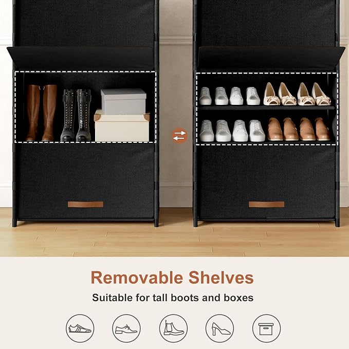 7 Tier Shoe Cabinet with Door, 28-Pair Storage, Black | Tall design saves floor space. Door blocks dust & pets. Holds heels to boots. Quick assembly with connectors.