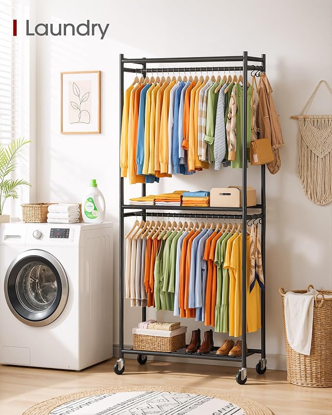 Sakugi Clothes Rack - 33.0" x 12.2" x 79.5" Clothing Rack with Shelves & Wheels, Multi-Functional Wardrobe Closet with Hooks, Sturdy Metal Garment Rack for Bedroom, Laundry, Balcony (Black)