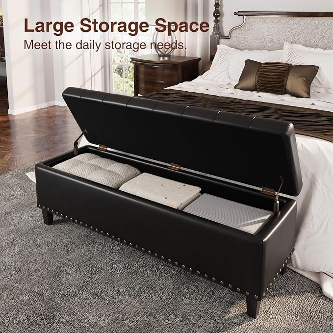 FiveWillowise 51 Inch Storage Ottoman Bench,Large End of Bed Storage Bench | Faux Leather Ottoman with Storage,30 Gallons,Upholstered,with Nailhead Trim,Legs,for Bedroom,Living Room,Entryway,Black