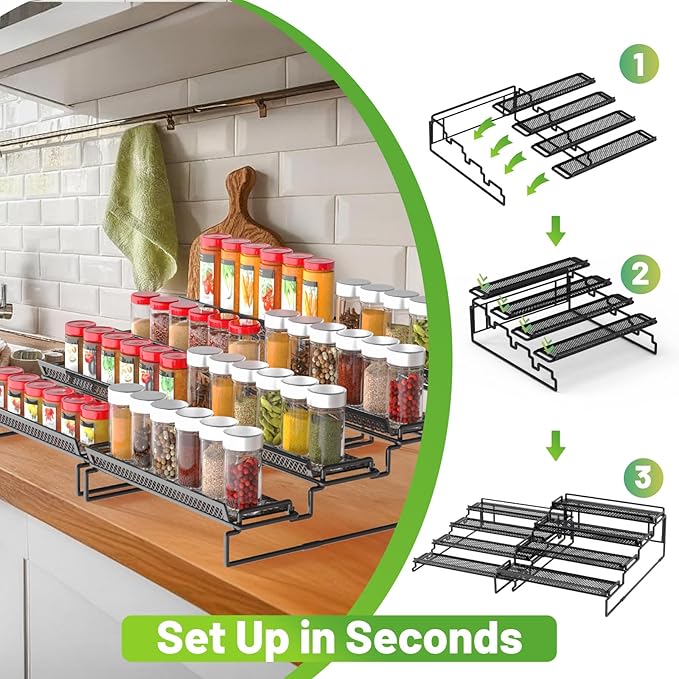 2 Pack Spice Rack Organizer for Cabinet, 4 Tier Black (S&L) Seasoning Organizer Rack for Inside Cabinets, Countertop, Pantry Storage