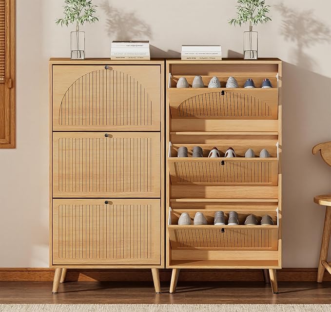 Fsbecl Shoe Storage Cabinet for Entryway with 3 Flip Drawers, Oak | Narrow Single Layer Design, 23.6'' Freestanding Shoe Rack, Wooden Hidden Organizer for Hallway Foyer, 6-9 Pairs