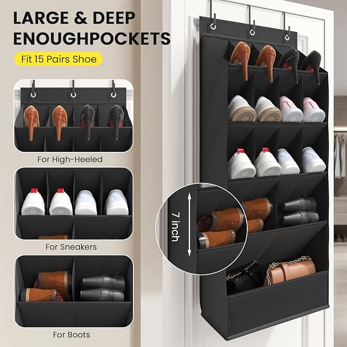 Mefirt Over the Door Shoe Rack for Closet Fit 18+ Pairs, Door Shoe Organizer with Large Breathable Pockets, Hanging Shoes Rack Fit Boots, Behind the Door Shoe Holder for Categorized Storage, Black