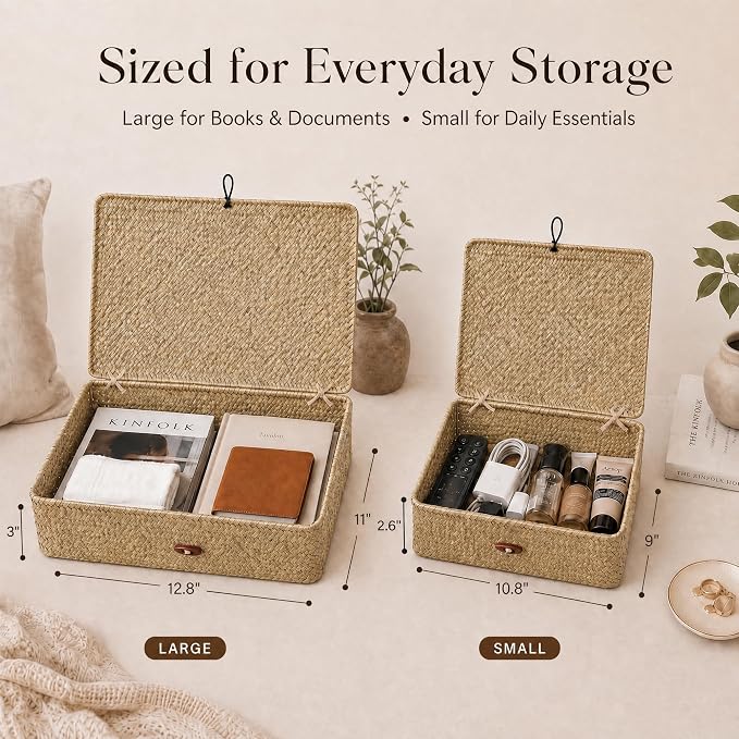 YANGQIHOME Set of 2 Seagrass Baskets with Lids, Rectangular Woven Storage Baskets, Natural Wicker Basket Boxes for Coffee Table, Shelf, Bathroom Counter & Closet Decor (Natural, Set of 2)