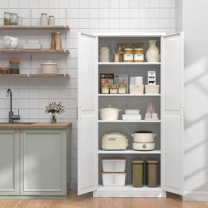 UNICOLY 71" Kitchen Pantry Cabinet, Metal Pantry Storage Cabinet with Doors | Tall Storage Cabinet with 4 Shelves, White Storage Cabinets for Kitchens, Living Room, Dinning Room, Assembly Required