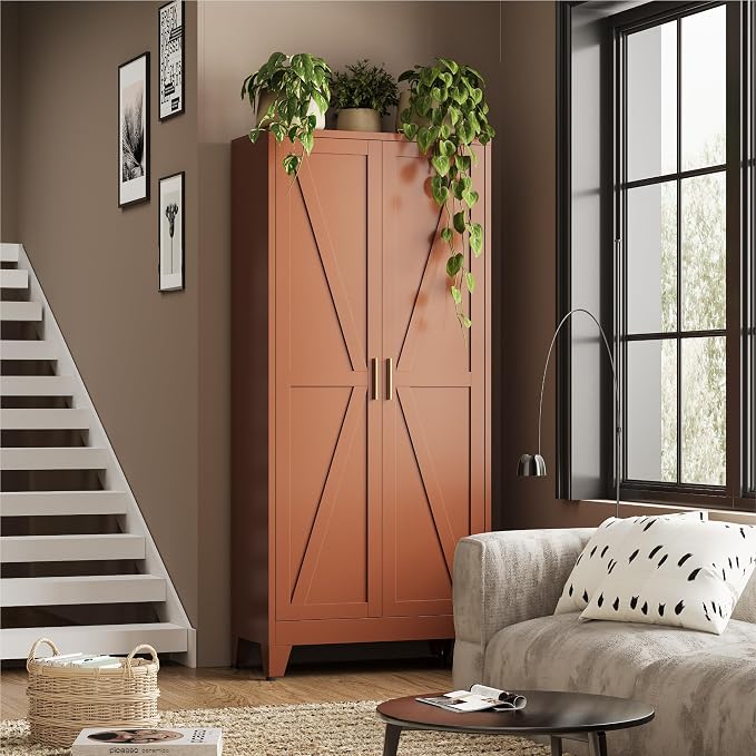 Bevivog Tall Rust Brown Storage Cabinet, 71" Metal Pantry Cabinet with 2 Doors and 4 Adjustable Shelves, Industrial Farmhouse Metal Pantry Cabinet for Kitchen Garage