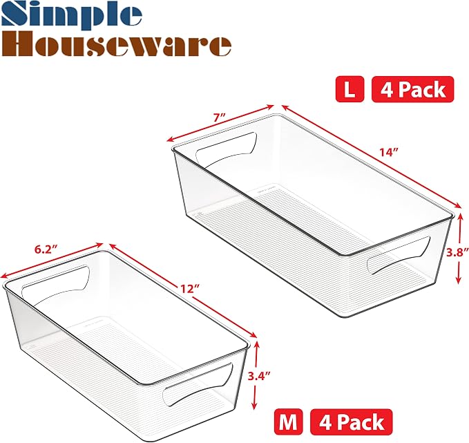 Simple Houseware Pantry Bins Storage Organizer, 8 Packs, (4M/4L) | Large 14 x 7 x 3.75 in. | Medium 12 x 6.2 x 3.4 in.