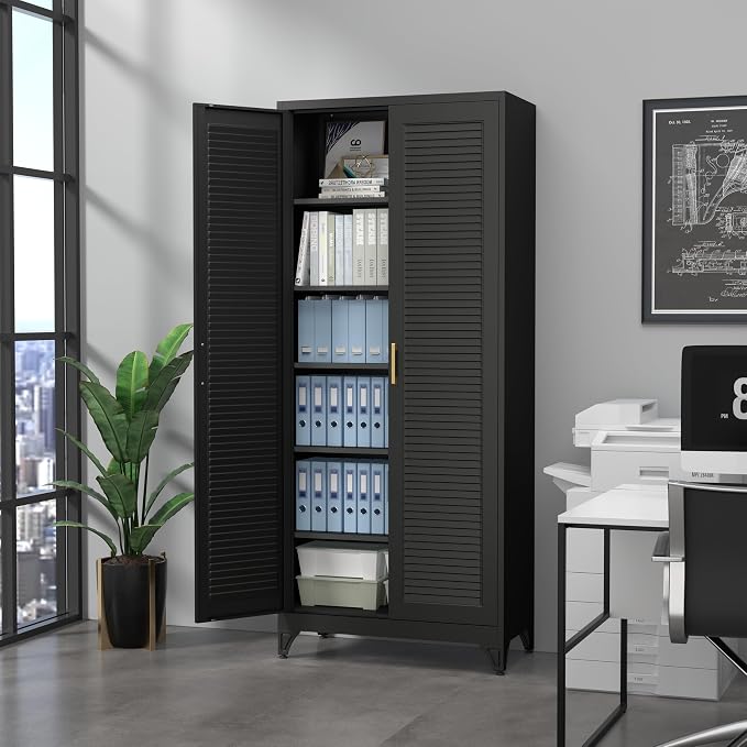 SteeLoong 75" Metal Storage Cabinet with Doors and 5 Adjustable Shelves | Kitchen Pantry Cabinet,Black Tall Freestanding Cupboard with Gold Handle,Steel Garage Cabinets for Tool,Office,Kitchen,School