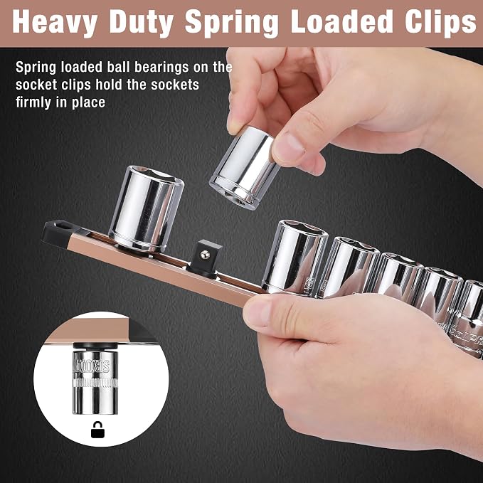 WORKPRO Magnetic Socket Organizer, Heavy Duty 1/2-Inch Drive Socket Rail | 1 Piece Socket Holder with 10 Spots, Aluminum Alloy, Rotatable & Movable Clips, Efficient Organization