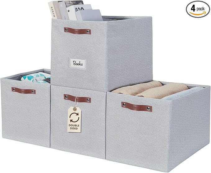 DECOMOMO Storage Bins, Storage Baskets for Shelves | 13" x 15" x 13" Storage Cube Bins with Labels for Organizing Shelves (Kallax, 4pcs, Light Texture Grey)
