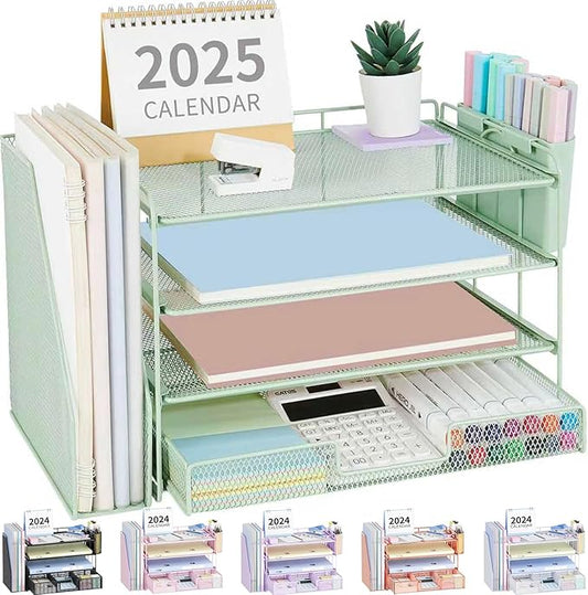 OPNICE Desk Organizer, 4-Tier Desktop File Organizer with Drawer and Pen Holders, Office Desk Accessories, File Sorters, Workspace Organizers for Office Supplies(Green)