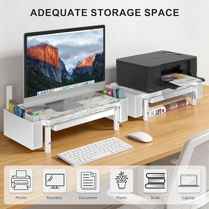 WALI Computer Monitor Stand with Storage, Desk Organizer with Drawer and Pen Holder, Desk Monitor Riser 3 Height Adjustable, Laptop Riser for Computer, Laptop, Printer(PTT003-M), 1 Pack, Marble