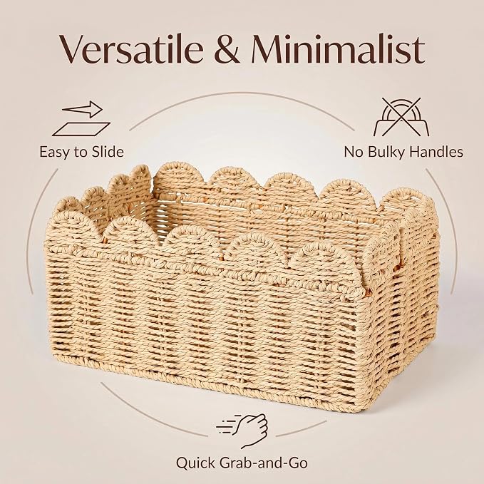 Foldable Scalloped Wicker Basket, Portable Storage Basket for Shelves, Decorative Boho Home Organizer for Bathroom and Living Room