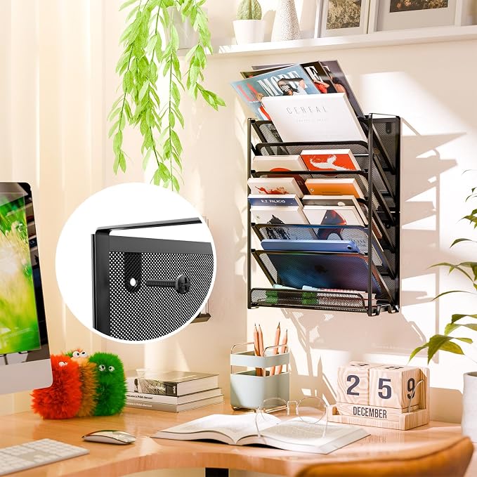 Simple Trending Wall File Organizer, Mesh 7-Tier Vertical Hanging File Holder, Desktop Metal Files Rack for Office and Home, Black