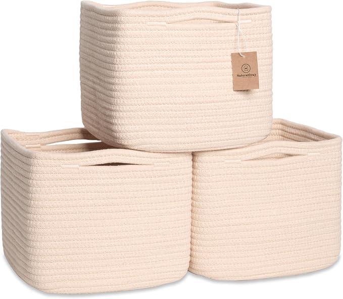 NaturalCozy Storage Cubes 9”x9”x7”Cotton Rope Woven Baskets for Organizing 3-Pack | 9 Inch Cube Storage Bin | Small Basket for Shelf Nursery, Pantry, Decorative Plant, Bathroom Closet, Toy Gift