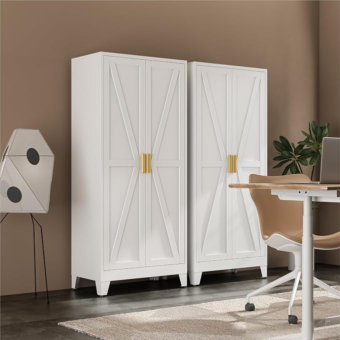 Bevivog 71" Kitchen Pantry Cabinet, Metal Storage Cabinet with 2 Doors and 4 Adjustable Shelves, Farmhouse Tall Food Cabinet Pantry Shelves Storage for Kitchen, Home Office, Living Room, Laundry