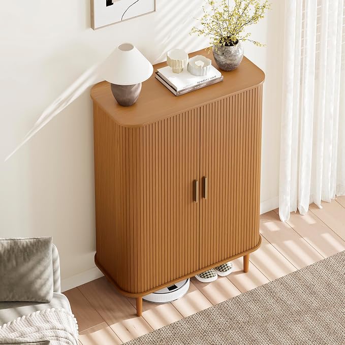 DHH Shoe Storage Cabinet with Sliding Door, 6-Tier Shoe Cabinet with Adjustable Shelves, Mid-Century Modern Freestanding Shoe Storage Organizer for Entryway, Hallway, Living Room (Yellow,31.5 ")