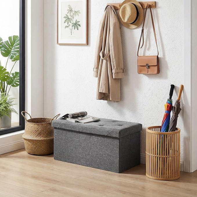 DUMOS 30 Inch Foldable Storage Ottoman Bench, Gray Ottoman with Storage | End of Bed Foot Stool with Foam Padded Seat, Linen Fabric Hidden Storage Chest for Bedroom, Living Room, Loads 660 LBS