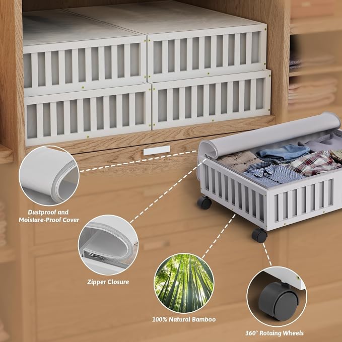 MHXW SXPN 2 Pack Bamboo Under Bed Storage Containers with Wheels, White | Underbed Drawer Storage with Bag, Wood Rolling Underbed Organizer for Shoes, Sheets Clothes Blanket Comforter, Under Crib Toy