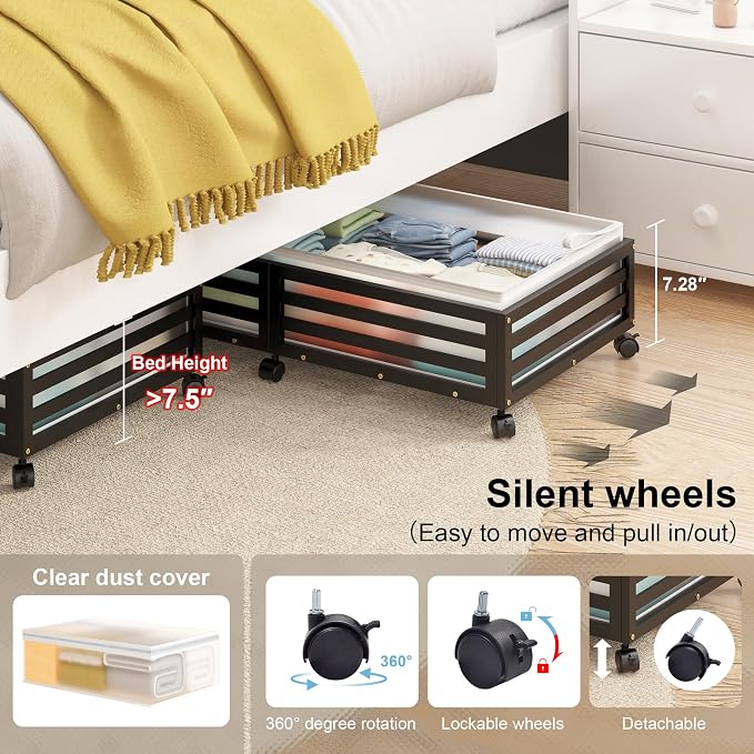 Under Bed Storage with Wheels, 2 Pack Bamboo Drawers for Shoes and Clothes | Fitted dustproof bags, stackable design, smooth pullout access for bedding, blankets, toys and seasonal essentials