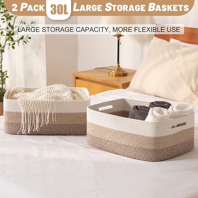 OIASKET Large Storage Basket for Organizing, Woven Rope Basket for Shelves, Closet Organizer Bins for Clothes, Blanket, Toys, Baby Nursery Storage, 17.7" x 13" x 7.87", 3 Packs Gradient Yellow