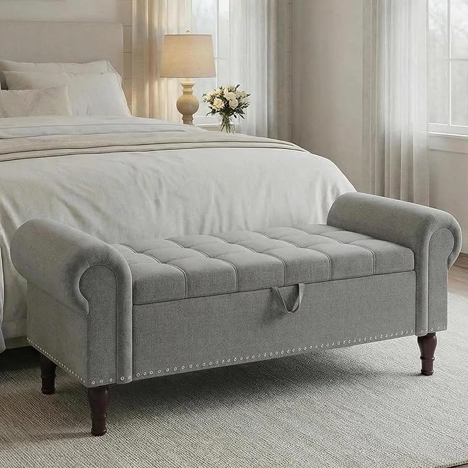 YOUDENOVA Ottoman with Storage, 51" End of Bed Bench with Rolled Arms, Upholstered Storage Bench with Vintage Rivets for Bedroom, Living Room, Entryway, Light Gray