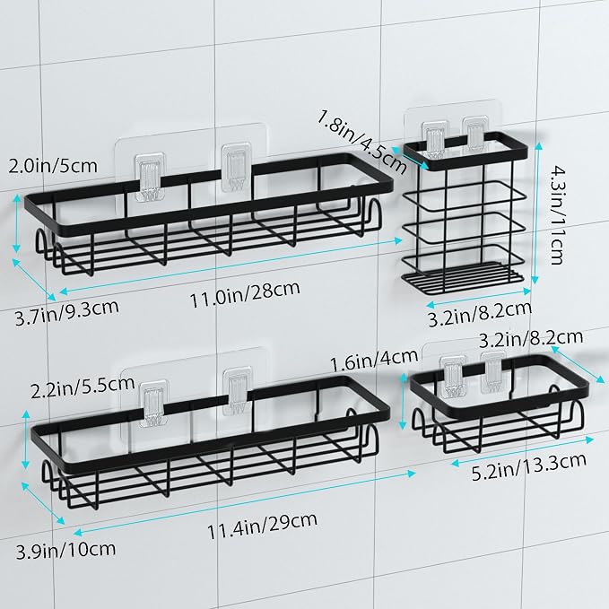 Shower Caddy Organizer with Hooks,Self Adhesive Bathroom Shelves,No Drilling Bathroom Organizers and Storage,Perfect for RV, Apartment, Home Decor,Black 4PCS