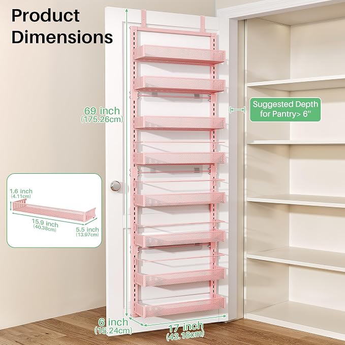 SNTD 8 Tiers Over the Door Organizer - Height Adjustable Pantry Organizers and Storage with Dense Mesh Baskets, Anti-Swing Hanging Door Spice Rack for Kitchen Bathroom (Pink, 17" W x 6" D x 69" H)