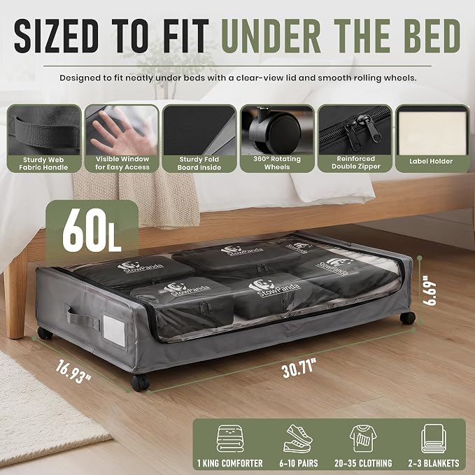 60L Under Bed Storage with Wheels, With 6 Travel Bags, 2-Pack, Light Gray | Rolling Underbed Storage Containers, Clear Lids, Heavy Duty Steel Frame, Organizer for Clothes Shoes Comforters Blankets Toys